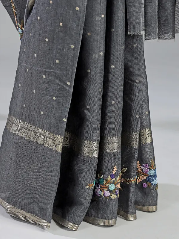 Grey cotton silk saree with zari thread detailing