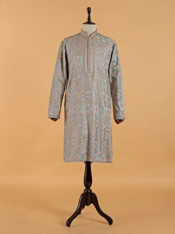 Grey cotton silk with multicolor embroidery