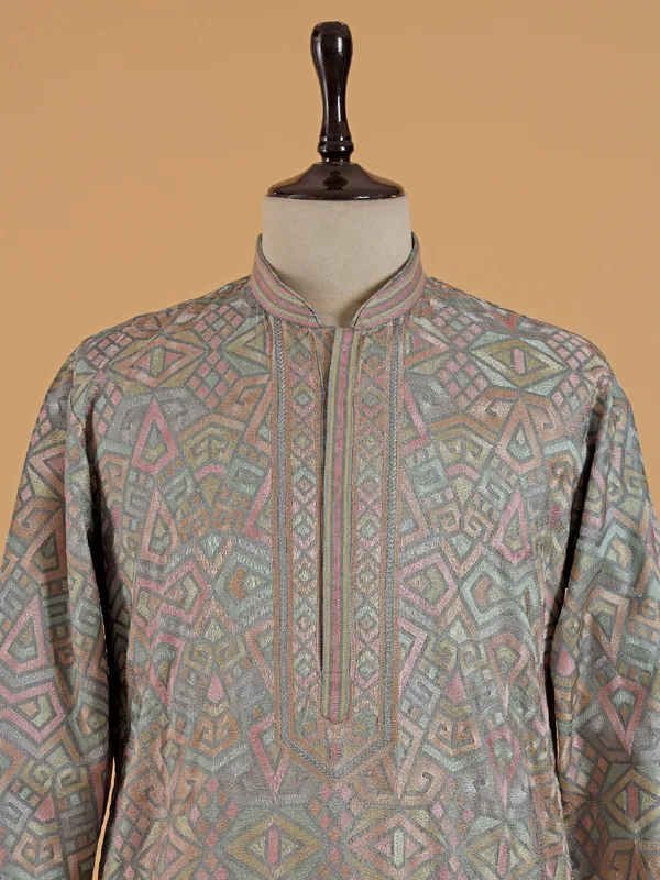 Grey cotton silk with multicolor embroidery