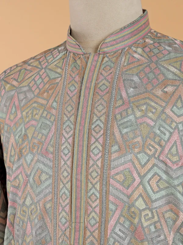 Grey cotton silk with multicolor embroidery