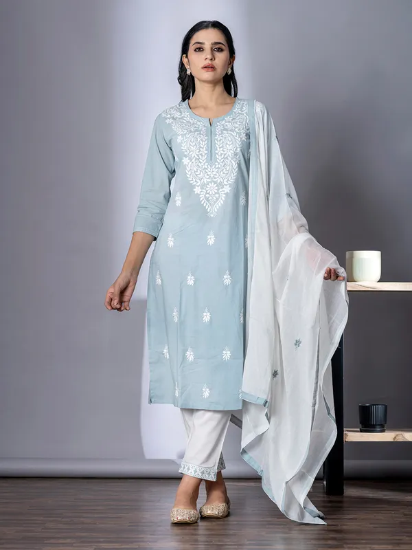 Grey cotton straight cut kurti set with dupatta