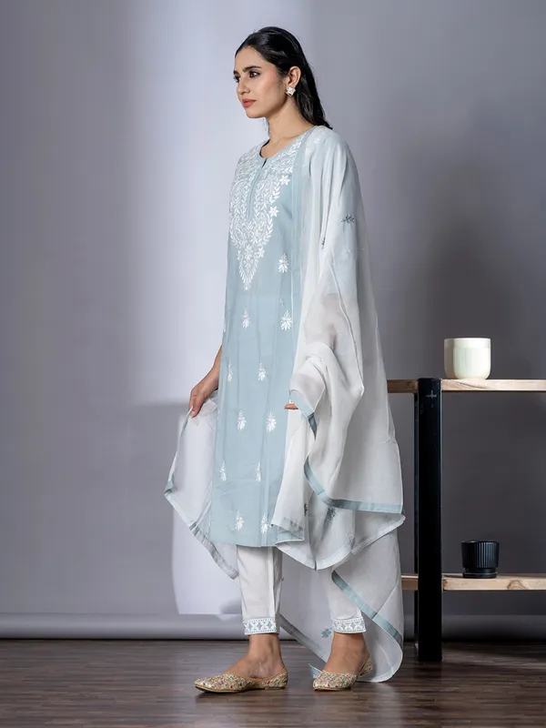 Grey cotton straight cut kurti set with dupatta
