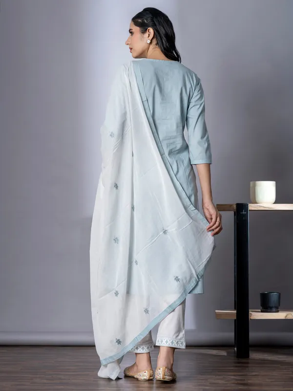 Grey cotton straight cut kurti set with dupatta