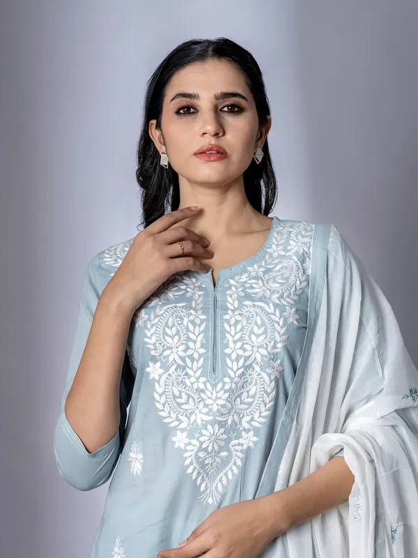 Grey cotton straight cut kurti set with dupatta