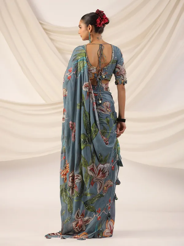 Grey crepe georgette saree with stylish blouse