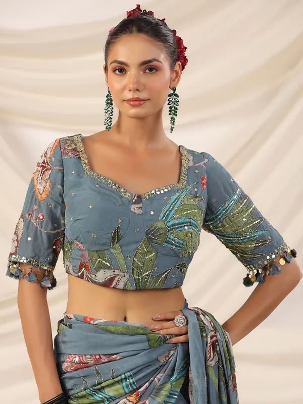 Grey crepe georgette saree with stylish blouse