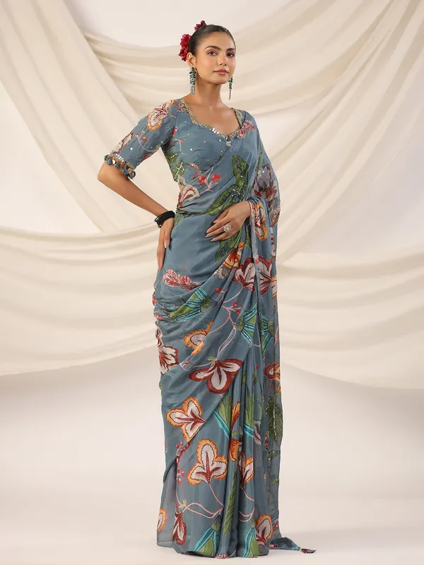 Grey crepe georgette saree with stylish blouse