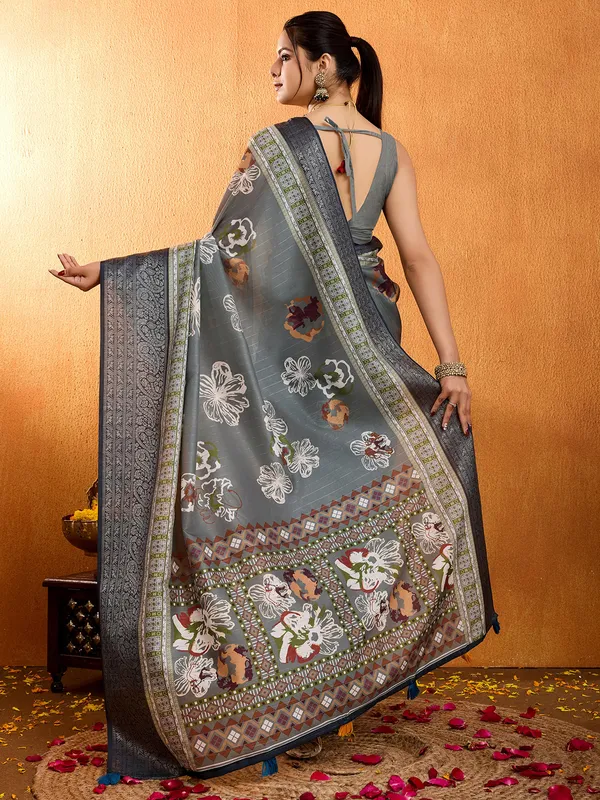 Grey crepe silk digital printed saree