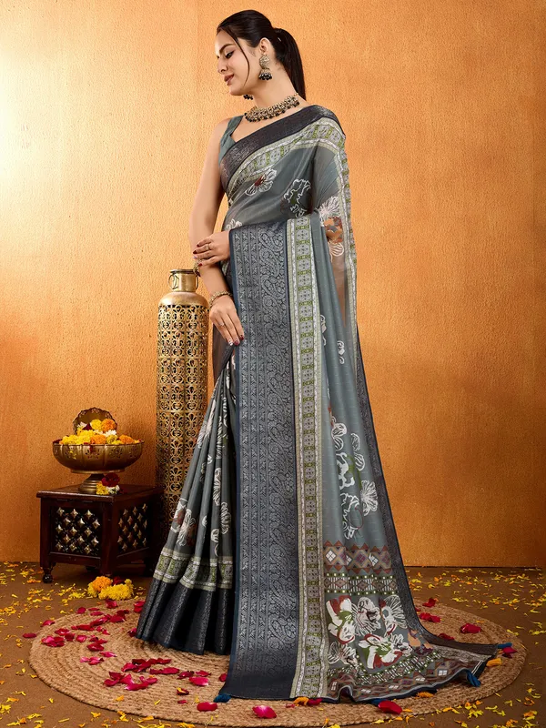 Grey crepe silk digital printed saree