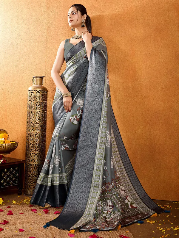 Grey crepe silk digital printed saree