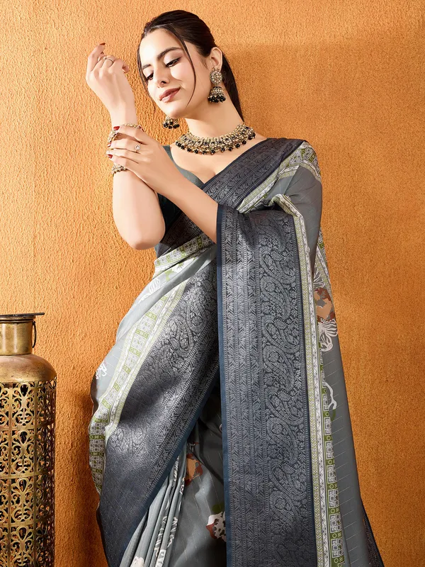 Grey crepe silk digital printed saree