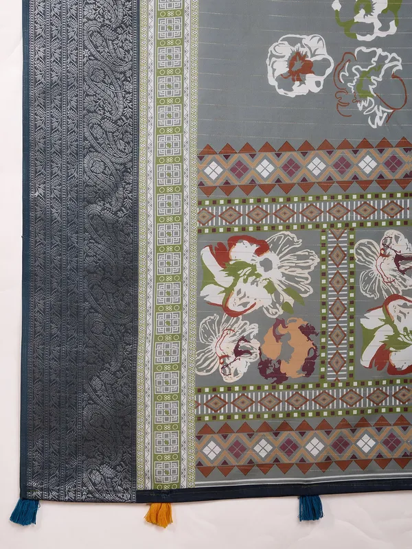 Grey crepe silk digital printed saree