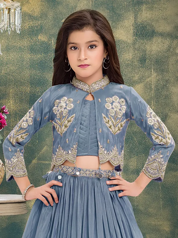 Grey crepe silk jacket style lehenga choli