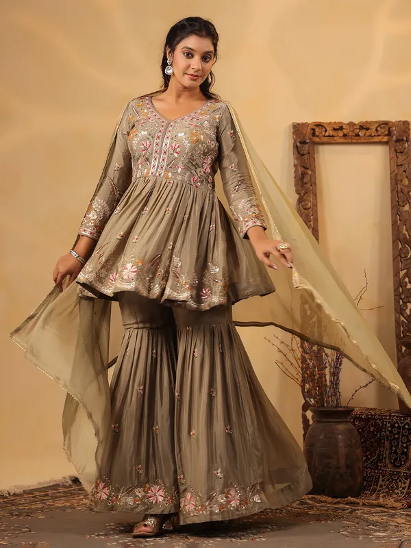 Grey crepe silk pakistani style sharara kurti set