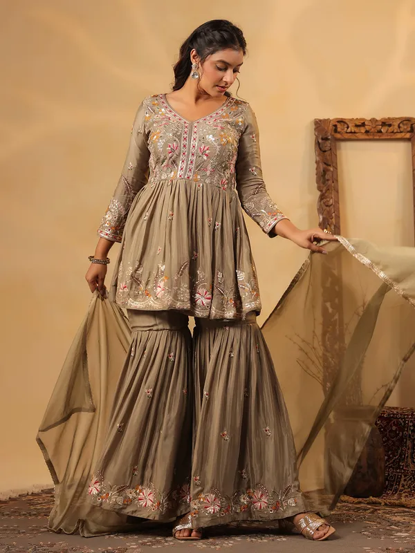 Grey crepe silk pakistani style sharara kurti set