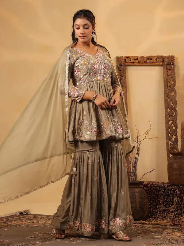 Grey crepe silk pakistani style sharara kurti set