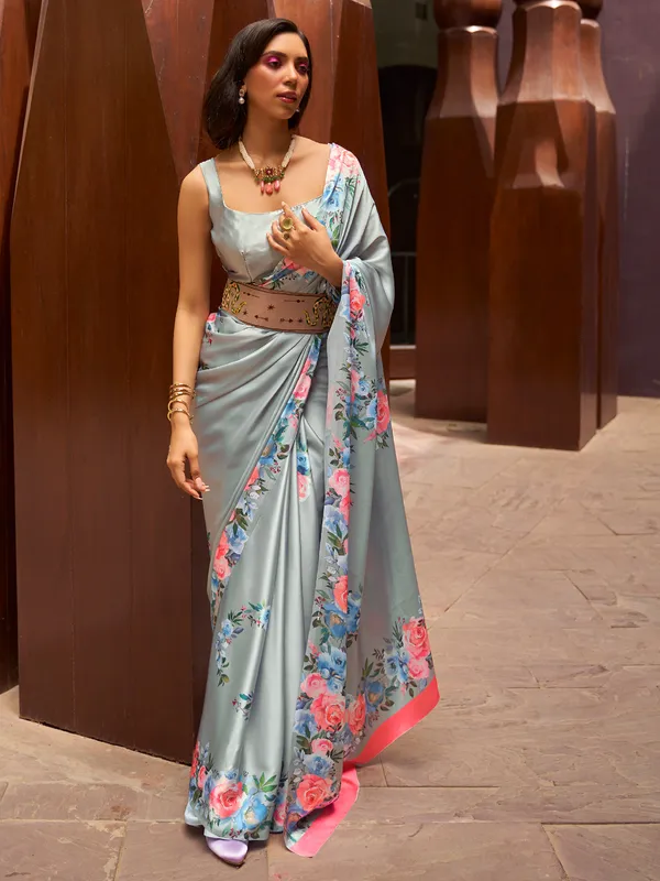 Grey crepe silk saree for party wear