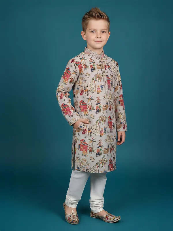 Grey digital printed silk boys kurta suit