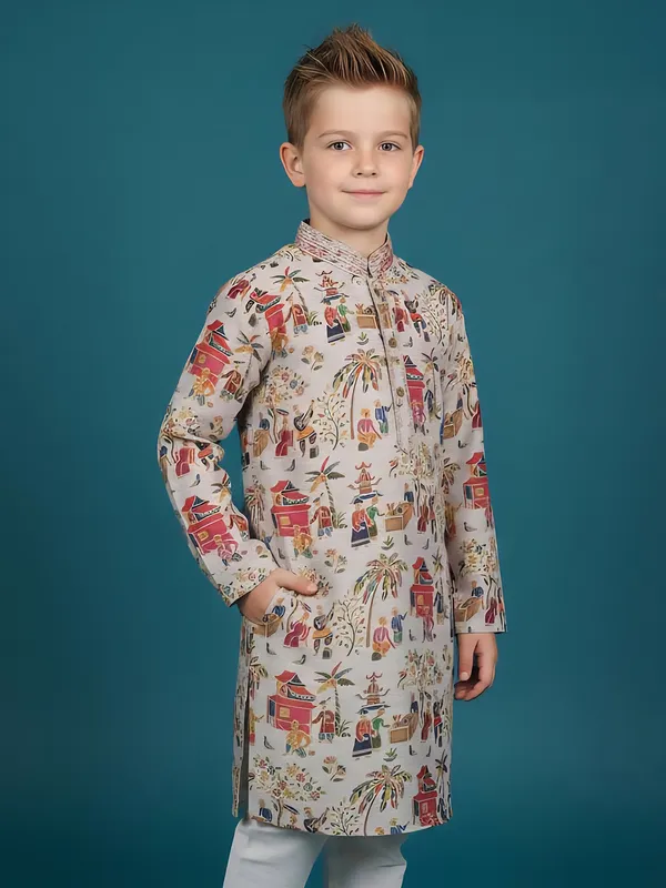Grey digital printed silk boys kurta suit