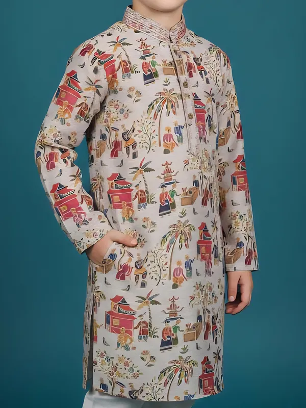 Grey digital printed silk boys kurta suit