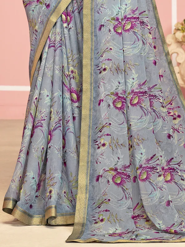 Grey digital printed zari lace saree