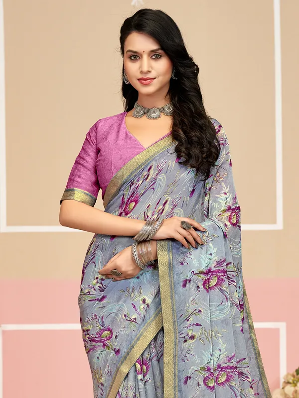 Grey digital printed zari lace saree