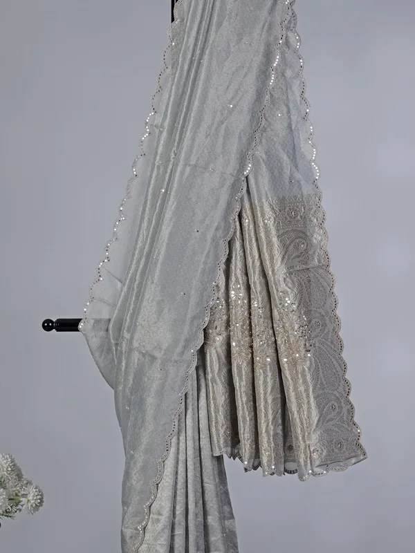 Grey elegant tissue silk wedding wear saree for women