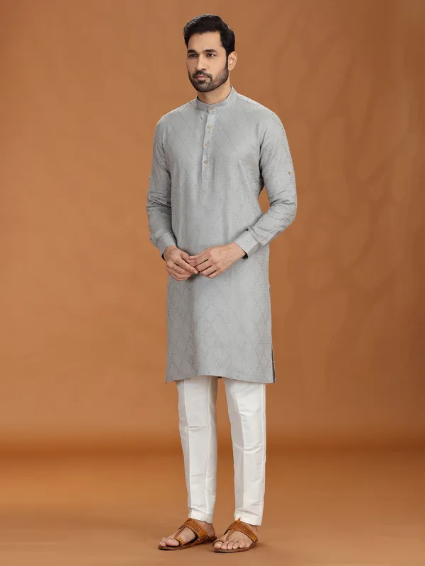 Grey embroidered linen festive kurta set