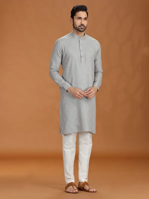 Grey embroidered linen festive kurta set
