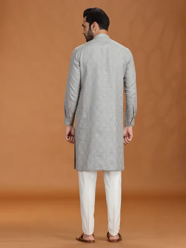 Grey embroidered linen festive kurta set