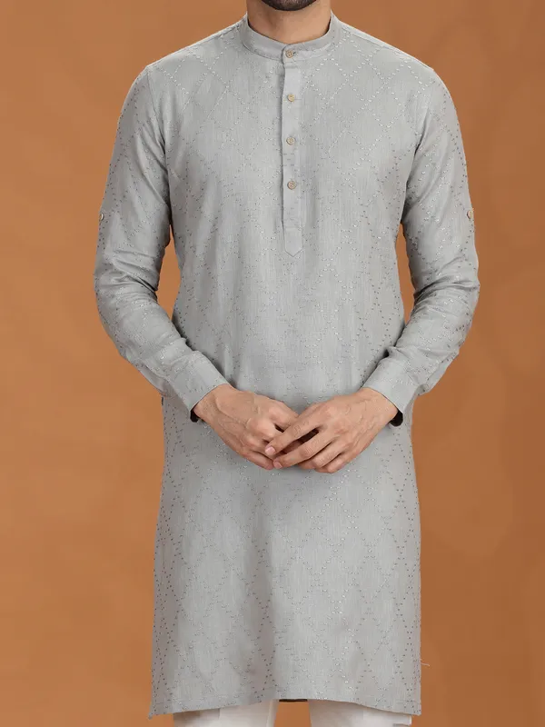 Grey embroidered linen festive kurta set