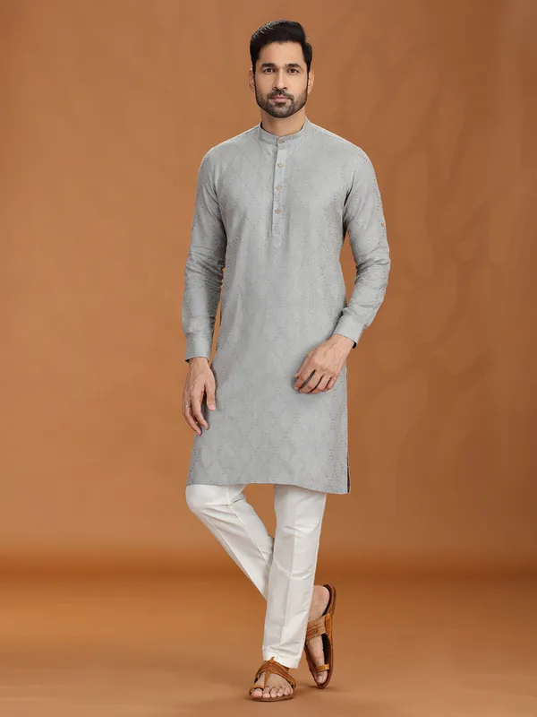 Grey embroidered linen festive kurta set