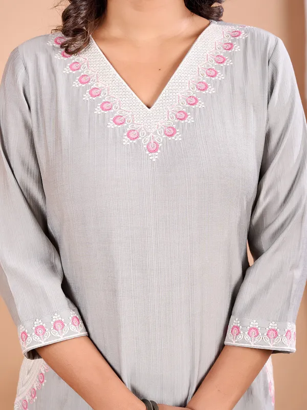 Grey embroidery kurti in cotton silk
