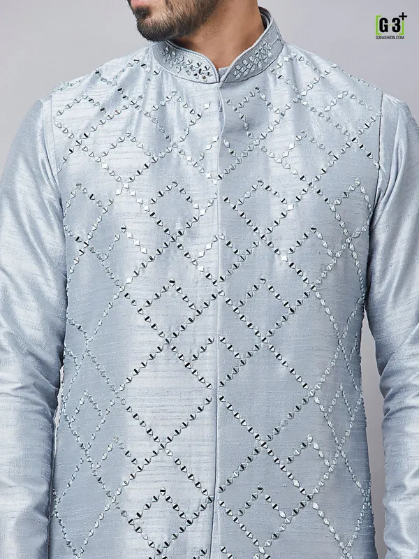 Grey festive wear waistcoat set in raw silk