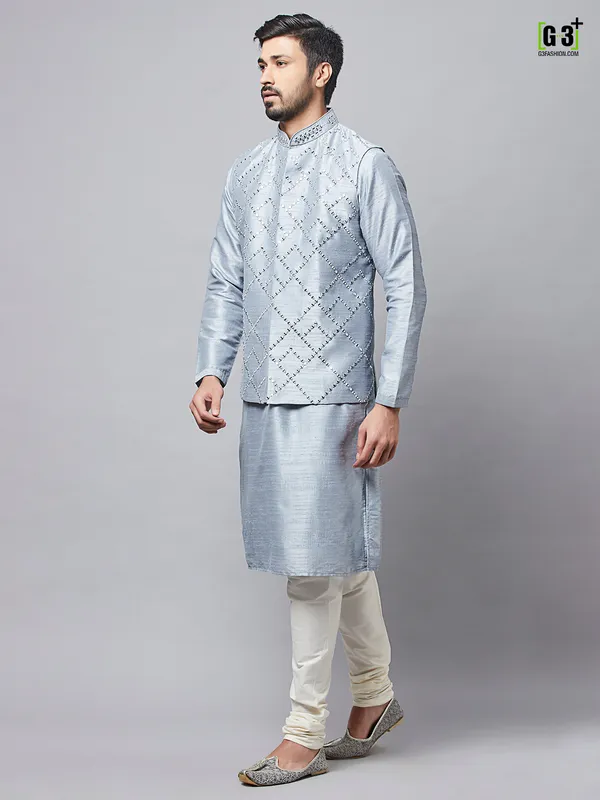 Grey festive wear waistcoat set in raw silk