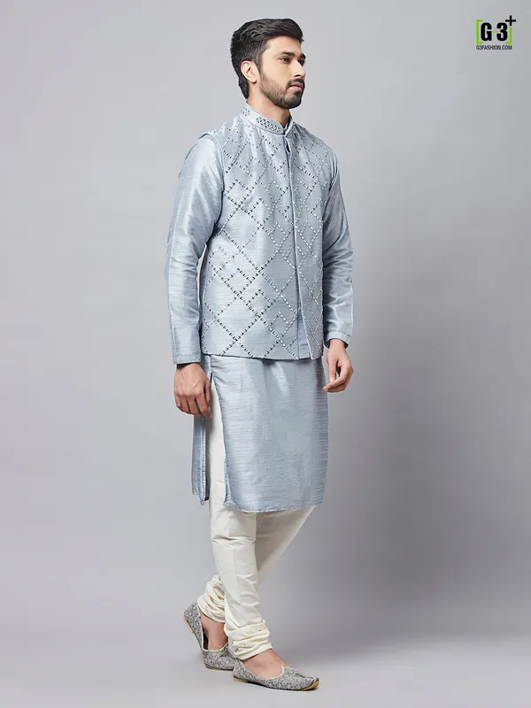 Grey festive wear waistcoat set in raw silk