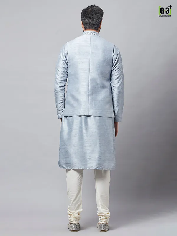 Grey festive wear waistcoat set in raw silk