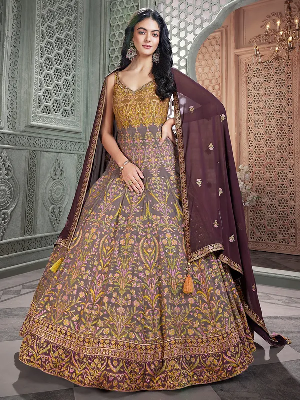 Grey floor length anarkali suit with thread work