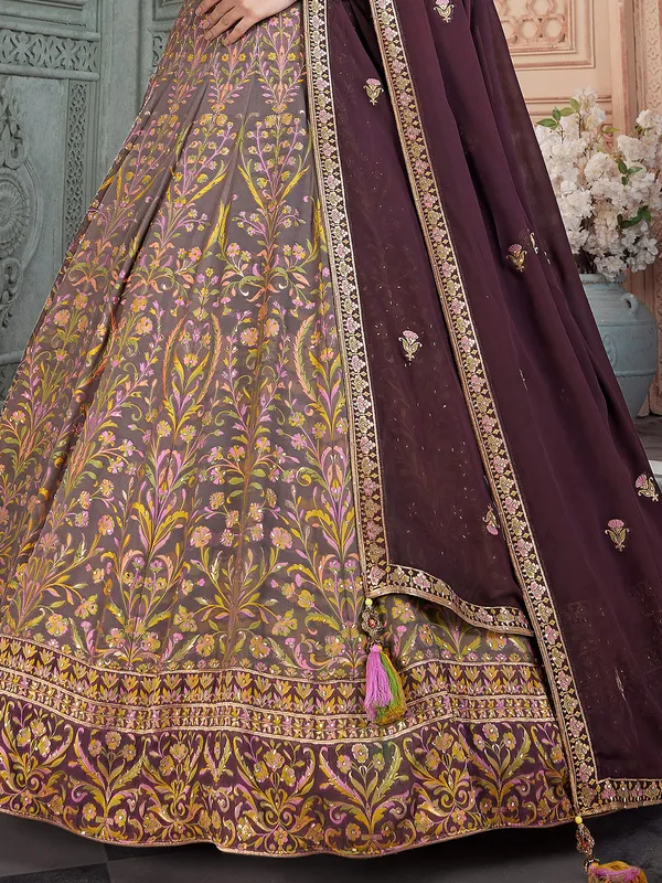 Grey floor length anarkali suit with thread work