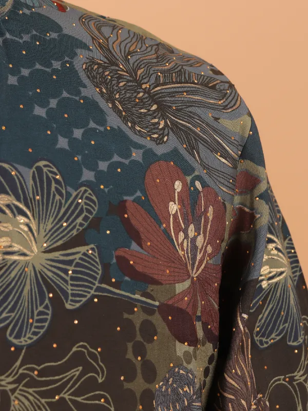 Grey floral printed festive kurta set for men