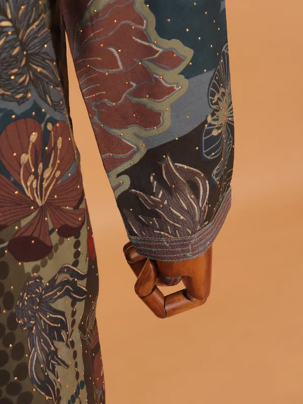 Grey floral printed festive kurta set for men