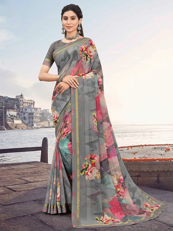 Grey floral printed georgette saree