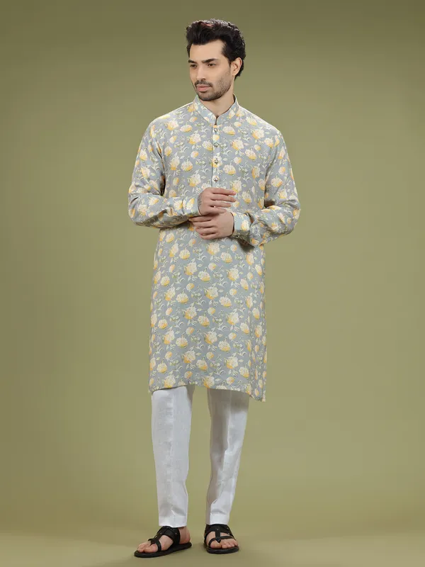 Grey floral printed linen kurta suit