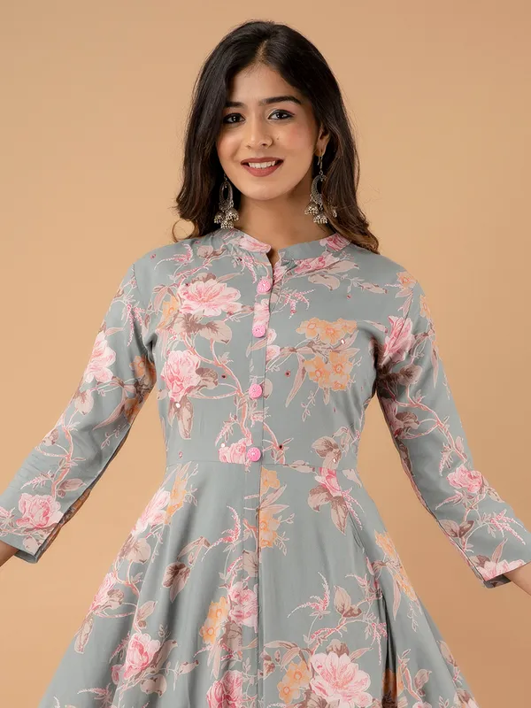 Grey floral printed long kurti