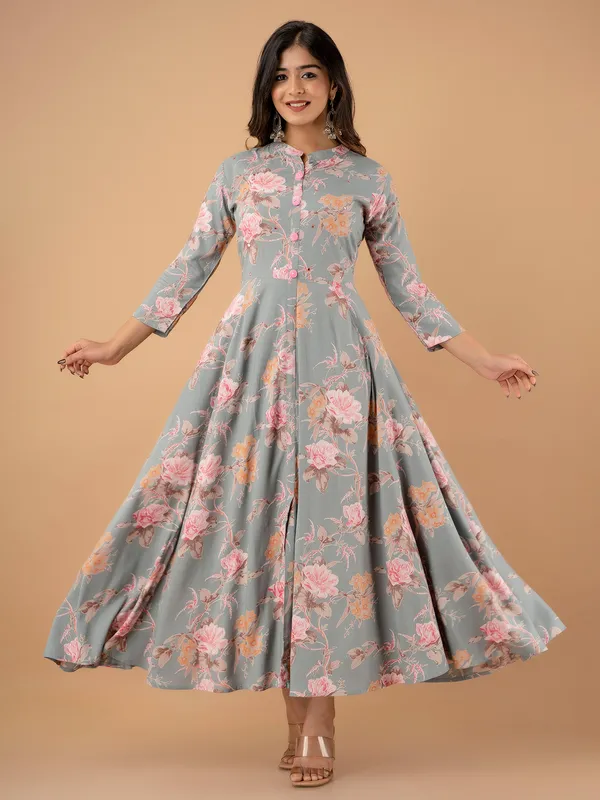 Grey floral printed long kurti