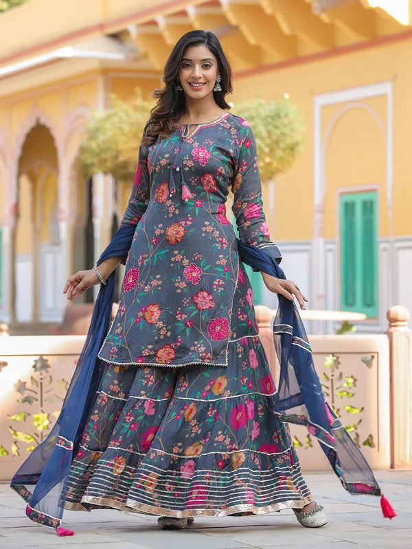 Grey floral printed sharara suit