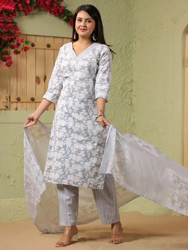Grey floral printed silk kurti set with printed dupatta