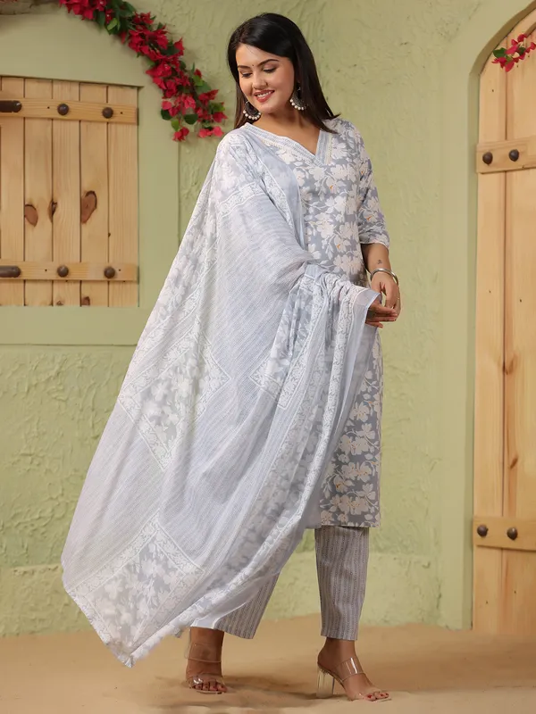 Grey floral printed silk kurti set with printed dupatta