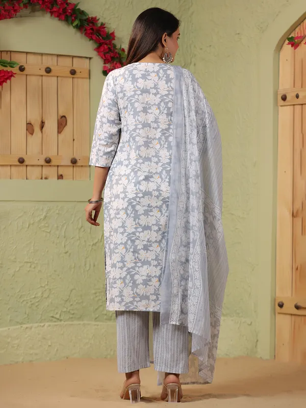 Grey floral printed silk kurti set with printed dupatta