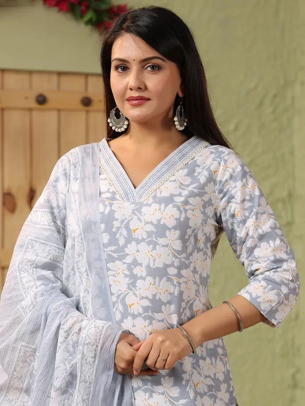 Grey floral printed silk kurti set with printed dupatta